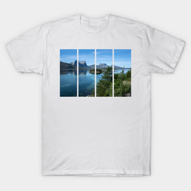 Wonderful landscapes in Norway. Nordland. Beautiful scenery of Kjerringstraumen Bru (Efjord bridges) on the Efjorden. Another planet background. It is located in Narvik municipality. T-Shirt by fabbroni-art